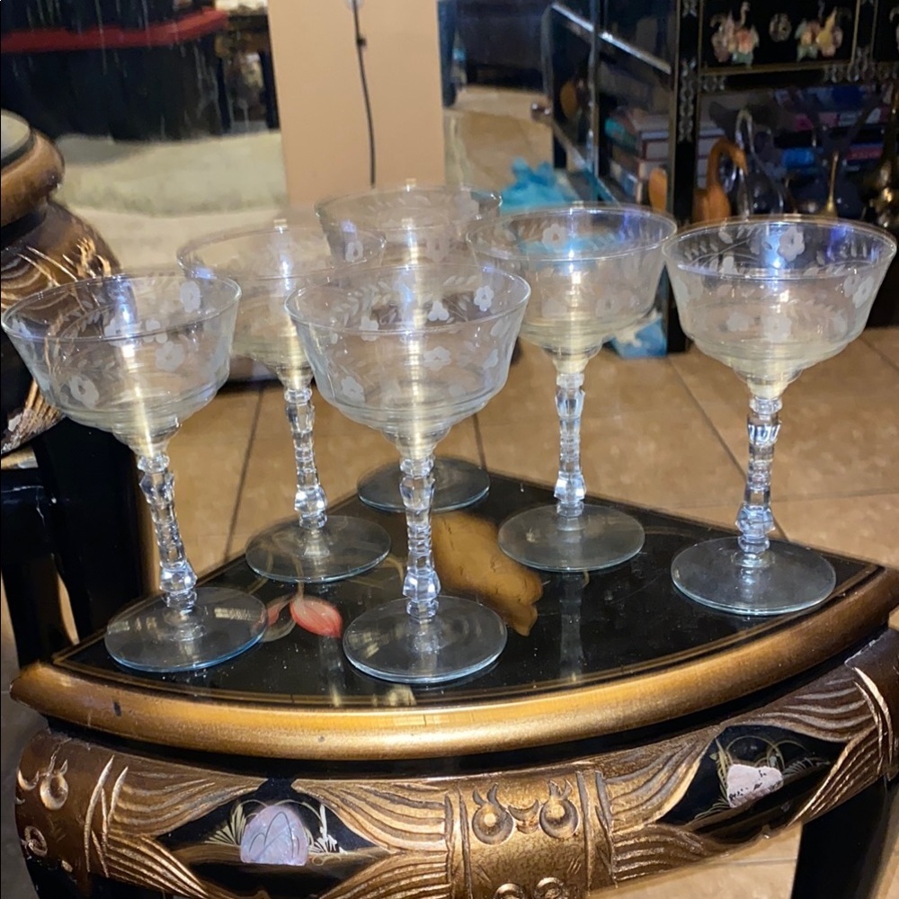 Vintage Libbey Rock Sharp Cut Halifax Cut Clear Glass Champagne Coupes Set of 6